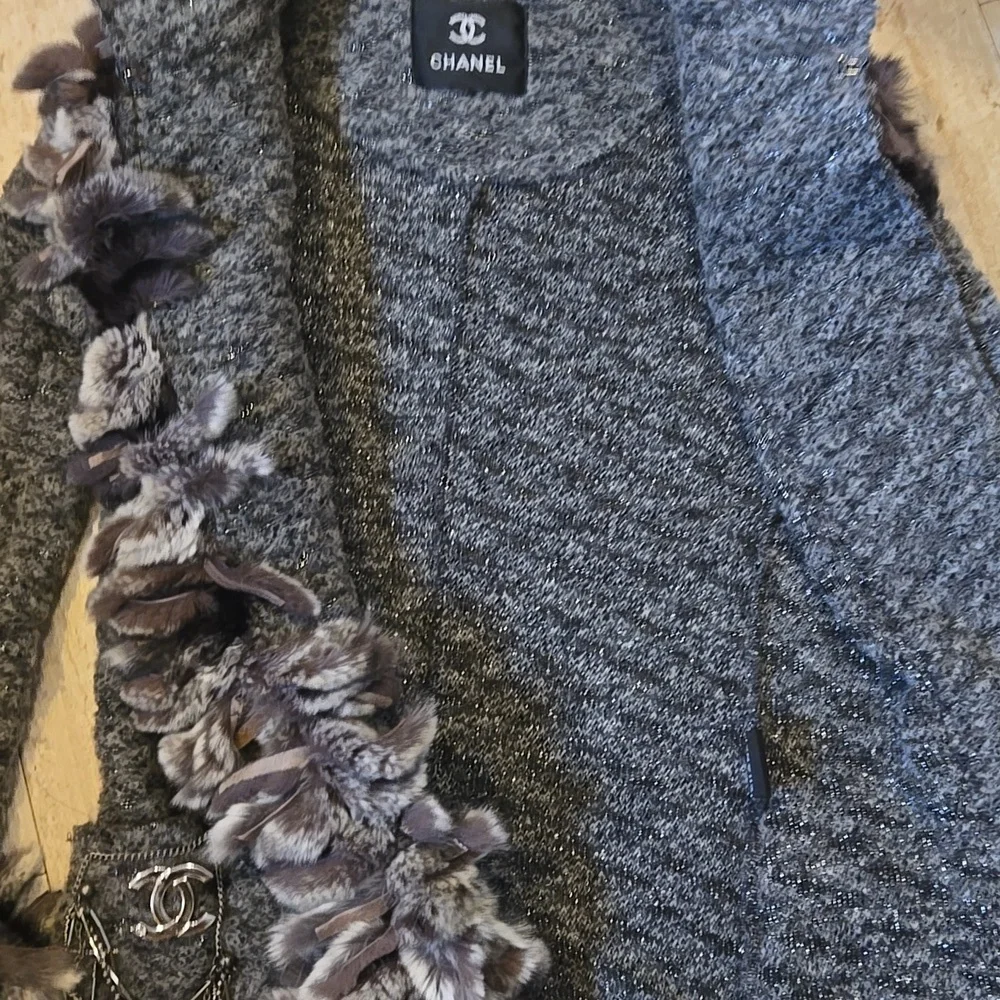 RARE Gray Metallic Accent Cardigan Sweater with Feather Accent Trim - Picture 10 of 16